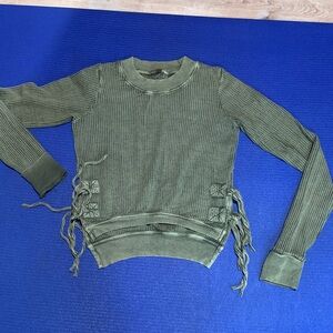Olive Green Women's waffle-type weave long sleeve top.